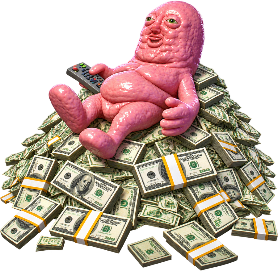 Jelly Homunculus slumped in the corner with a remote